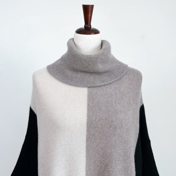 360 Cashmere Neutral Colorblock Turtleneck Poncho Knit Sweater Pullover - Picture 2 of 8